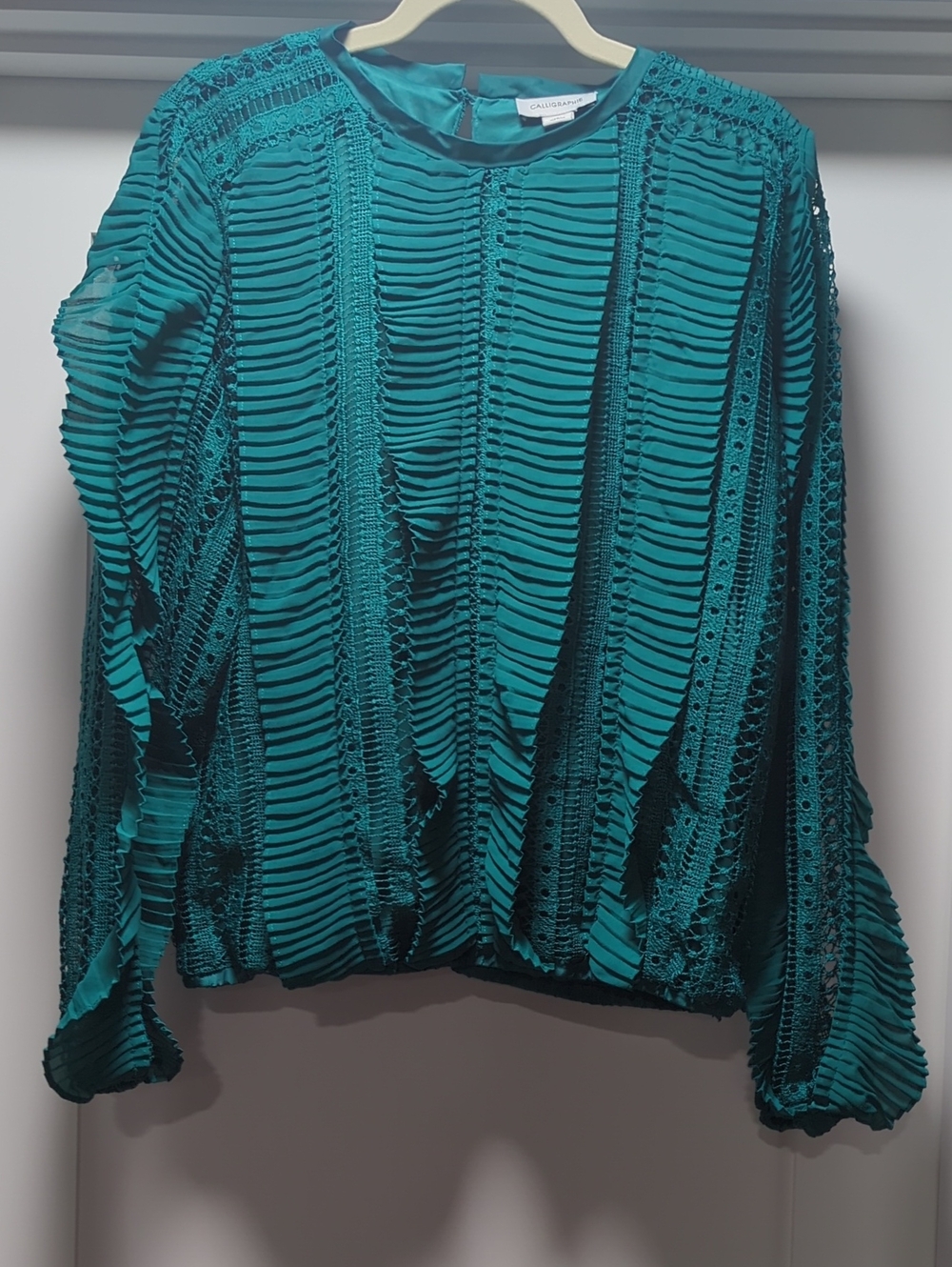 Calvin Klein Teal Textured Pleated Long-Sleeve Blouse